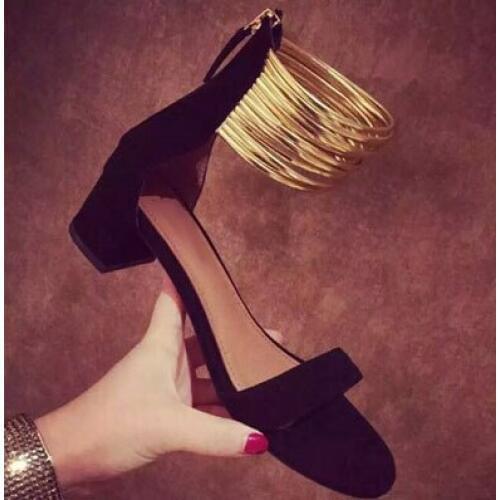 Summer street style woman charming black beige suede leather square heel sandals fashionable gold narrow band design dress shoes