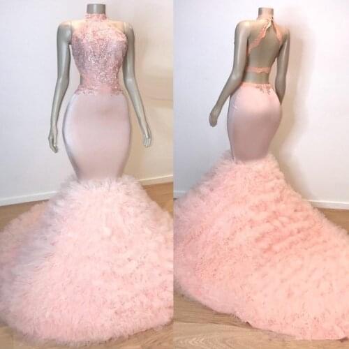 Light Pink Prom Dresses Mermaid Halter Tulle Appliques Beaded Backless Long Prom Gown Evening Dresses Robe De Soiree