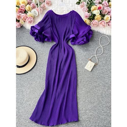Casual Round Neck Flare Short Sleeve Pleated Long Dress Vintage High Waist Ruffles Female Dresses New Fashion Robe Mujer 2020