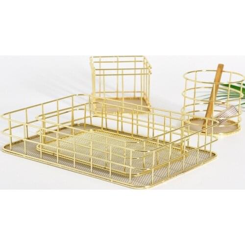 Gold Makeup Organizer Iron Art Nordic Rose Gold Basket Eyeliner Brush Set Storage Cup Dressing Table Cosmetic Organizer Box