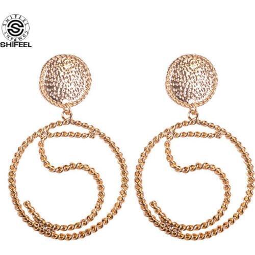 SHIFEEL 2018 New Womens Fashion Jewelry S925 Pin Simple Metal Number 5 Big Circle Earrings