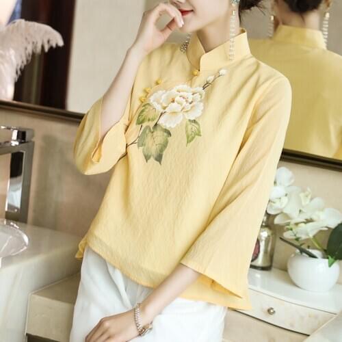 2020 Women Clothing Flower Embroidery Tops Tang Costume Chinese Style Shirt Traditional Qipao Cheongsam Blouse For Lady 10139