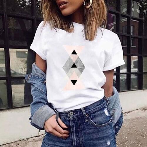 Summer Graphic T-shirt Womens T-shirts Casual Geometric Print Top Woman White Harajuku Tops Tee Round Neck Short Sleeve T-shirt