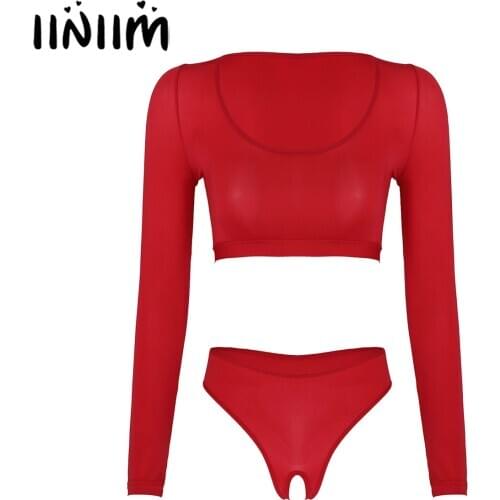 Iiniim Womens Ladies Cover Exotic Lingerie Sets Sexy Parties Transparent Long Sleeve Crop Top with Crotchless Sissy Briefs