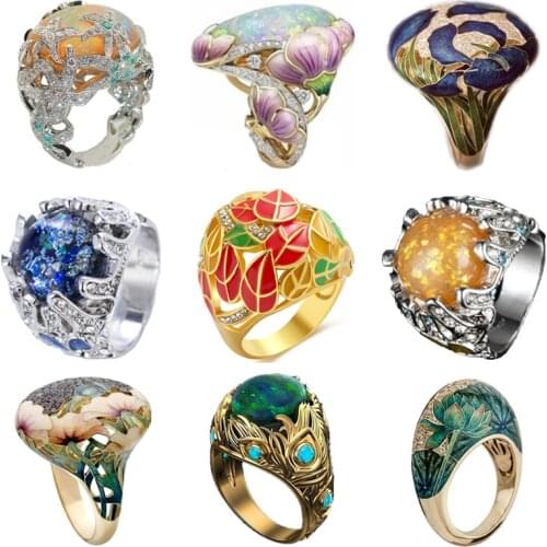 Golden Retro Style New Hot Selling Hand-painted Enamel Ring for Women Inlaid Banquet Ring Jewelry Hand Accessories Whole Sale