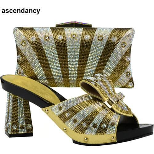 Gold Color Ladies Matching Shoes and Bag Set Decorated with Rhinestone African Party Shoes Women Shoes and Bag Set for Wedding