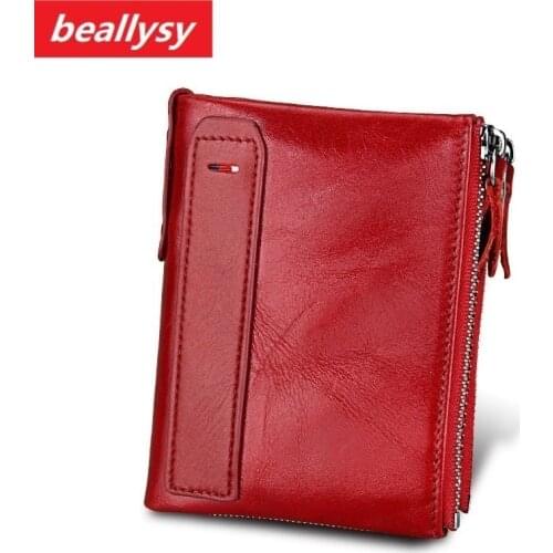 Crazy Horse Genuine Leather Women Wallets Credit Business Card Holders Double Zipper Cowhide Leather Wallet Purse Carteira