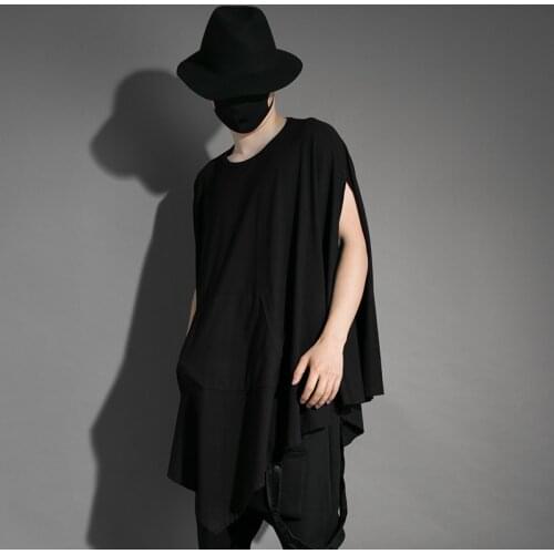 Mens summer trend personality dark hair stylists nightclub style performance dress loose cape sleeveless large size T-shirt