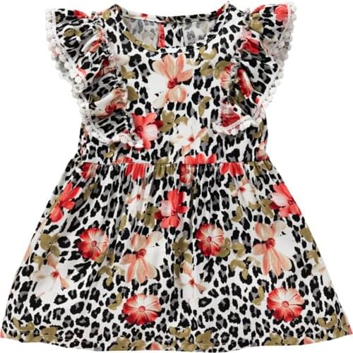 Infant Leopard Dress, Baby Flower Pattern Fly Sleeve Round Neck Lace Trim One-piece 6M-4T