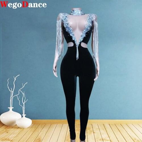 Silver Rhinestones Fringe Transparent Jumpsuit Black Velvet Stretch Leggings Dance Chains Shoulder Outfit Singer Wear Costume