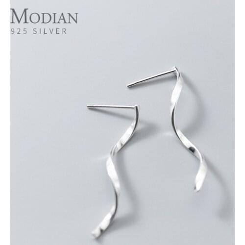 Modian Simple Geometric Wave Line Genuine 100% 925 Sterling Silver Anti-Allergy Drop Earring for Women Fine Jewelry Girl Gift