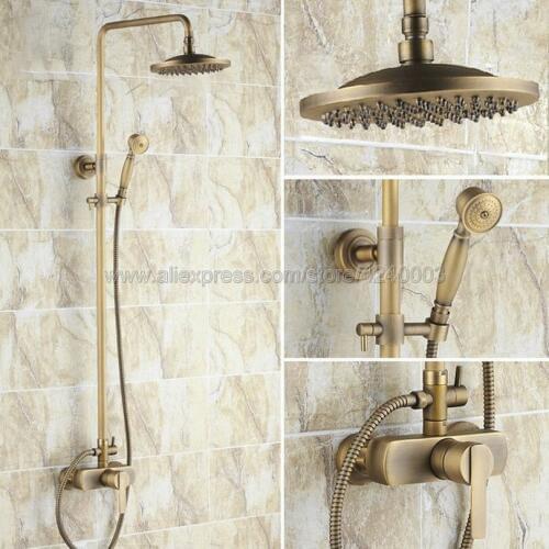 Antique Brass Bathroom Rainfall Shower Faucet Set Single Handle Mixer Tap With Hand Sprayer Wall Mounted Bath Shower Sets Krs175