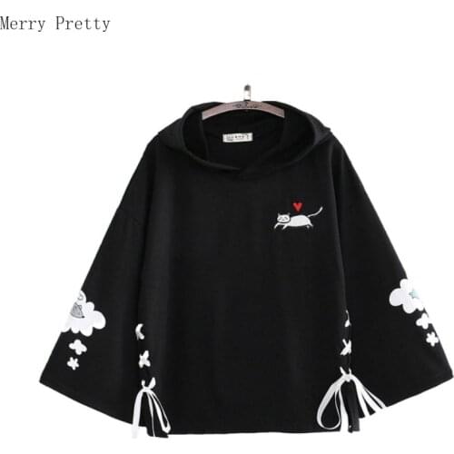 Women Black Cartoon Cat Embroidery Hooded Sweatshirt Lace Up Korean Hoodies 2020 Summer Harakuju Casual Cute Sweatshirt