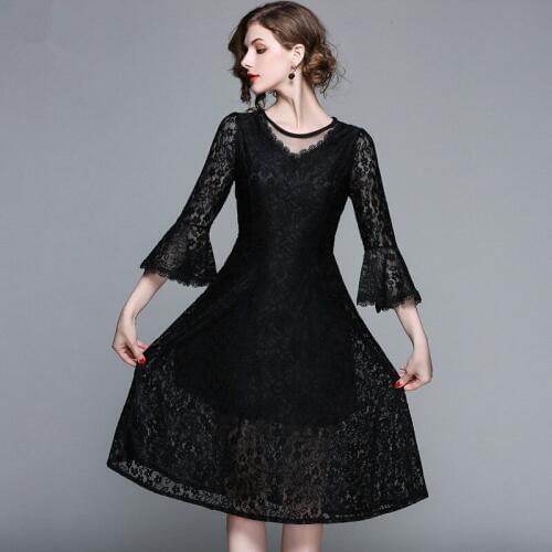 Spring Women High Fashion Quality Floral Lace Patches Flare Sleeve O-neck Casual Dresses Girls Lolita Swing Vestido
