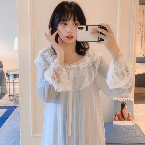Spring Summer New Women Modal Lace Long Sleepshirt Palace Style Ladies princess Nightdress Casual Homewear Loose Sweet Nighty