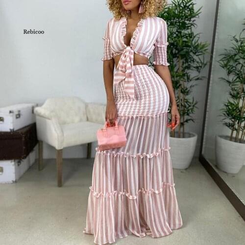 Women Fashion Elegant See-Through Skirt Two Piece Suits Summer Sexy Tie-Up V Neck Tops And Pleated Long Skirts Sets Lady Outfits