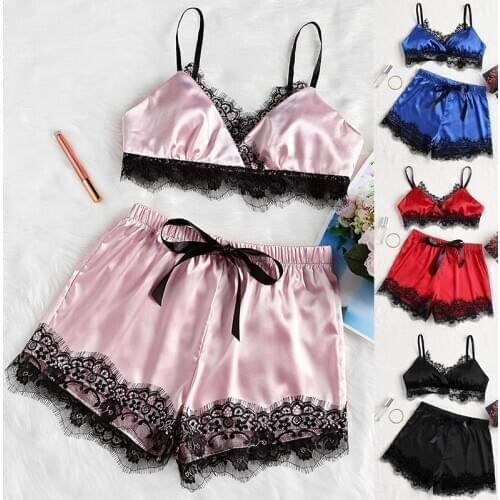 2021 Fashion Women Sexy Bra Set Hollow Lingerie Lace Trim Satin Comfortable Underwear Sleep Tops Bow Sexy Lingerie Sets Lenceria