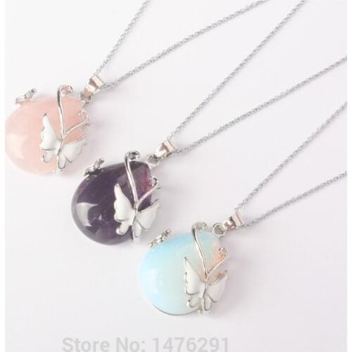 26x23MM Lovely Natural Amethysts Rose Pink Quartz Opal Water Drop Beads Enamel Butterfly Inlay Pendant 1PCS (No Chain)