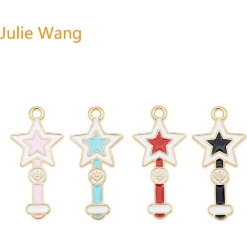 Julie Wang 4PCS Enamel Cartoon Star Magic Wand Charms Alloy Gold Tone Necklace Bracelet Earrings Jewelry Making Accessory