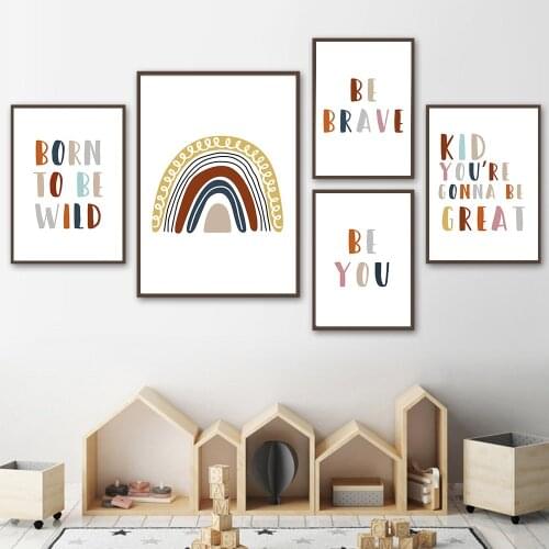Abstract Rainbow Wall Art Poster Be Brave Inspirational Quotes Canvas Painting Nordic Art Print Pictures Baby Kids Room Decor