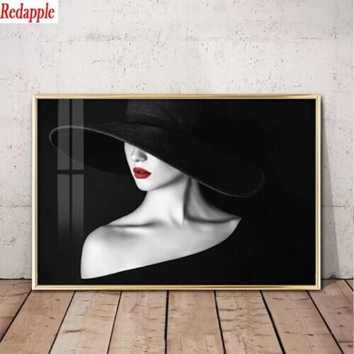 5D DIY Diamond Painting Modern art, woman with red lips wearing black hat Full Square Round Drill Embroidery Home Decor mosaic