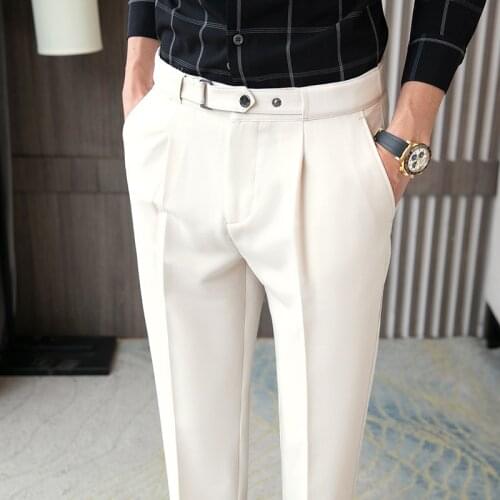 Fashion Button Design Business Dress Pants Men Classic Casual Slim Suits Pants Solid Color Office Social Streetwear Trousers