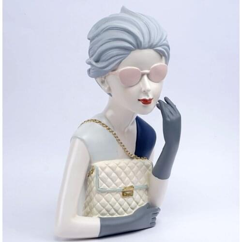 Home Decor Decorative Statues Sculpture House Home Decoration Living Room Short hair fashion girl with clutch bag and sunglasses