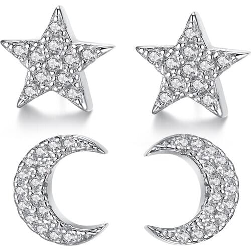 ELESHE 925 Sterling Silver Fashion Earrings Cubic Zirconia Stars Moon Earrings for Women Wedding Jewelry Valentines Day Gift