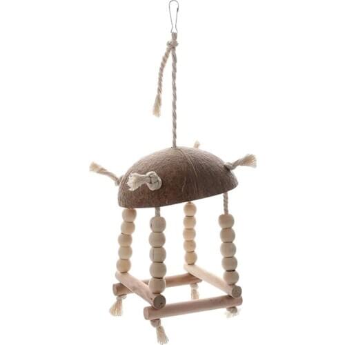 Pet Parakeet Bird Toys Wooden Coconut Shell Beads Chewing Cage Swing Climb Toys