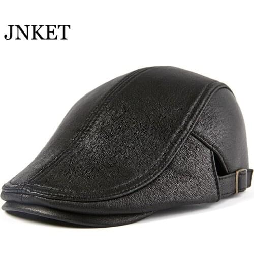 JNKET New Autumn Winter Men Sheepskin Peak Cap Casual Flat Cap Beret Hat Outdoor Travel Sunhat Casquette
