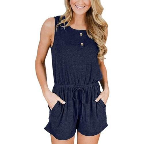 Summer Womens Shorts Fashion Vest Hollow Casual Strappy Jumpsuit Solid Color Buttons Elegant Female Round Neck Sleeveless Sexy