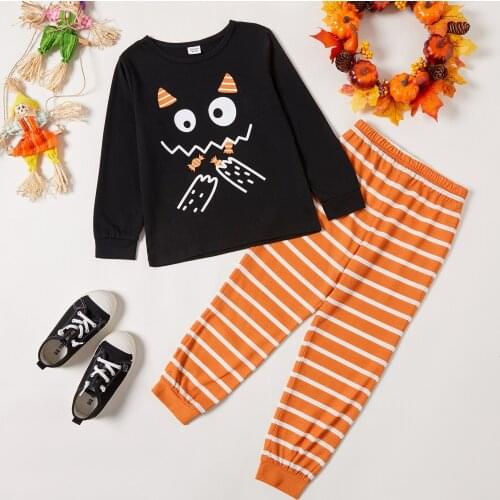 PatPat 2-piece Kid Boy Halloween Print Black Pullover and Stripe Pants Set