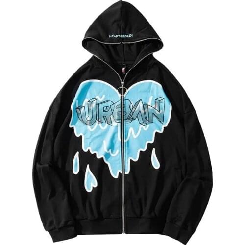 Sweater hip-hop cute love graffiti over size loose hooded zipper cardigan jacket men women coat clothes jacket clothing cotton