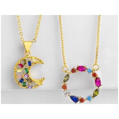 Moon round multicolor micro pave cz zircon cubic zirconia necklace copper Clavicle gold plated Snake Chain Choker Pendant 3ve2