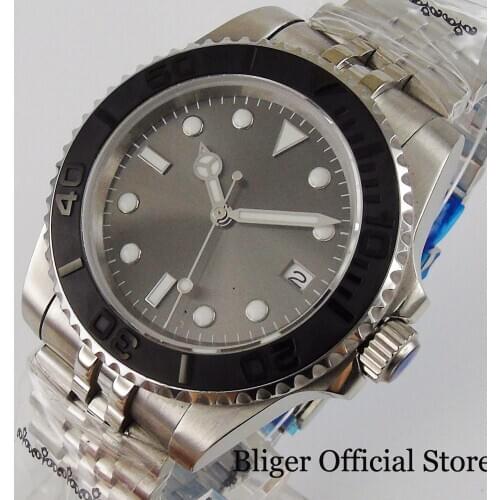 BLIGER Brand NH35 NH35A MIYOTA 8215 Mechanical Men Watch Black Sterile Grey Dial Brushed Insert Jubilee Bracelet Seeing Back