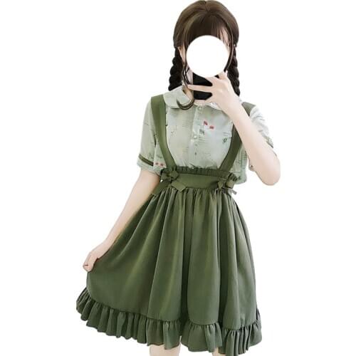 School Girls Cute Suspender Skirt Japanese Lolita Cosplay Kawaii A-line Pleated Skirt Korean Style Vintage Ruffle Green Skirts