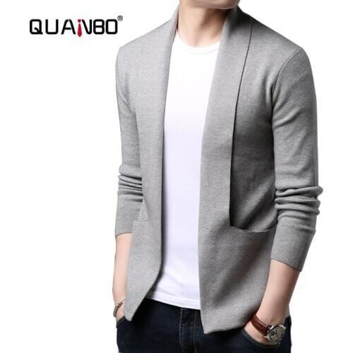 QUANBO Mens Soft Cotton Shawl Cardigan 2020 Autumn Winter New Korean Casual Solid Knitted Sweatercoat Brand Clothing