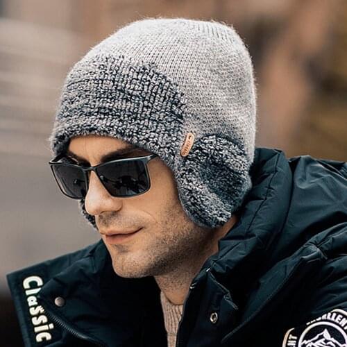 New Mens Winter Knitted Hat Fashion Soft High Quality Add Fur Lined Cap Male Protective Warm Hat