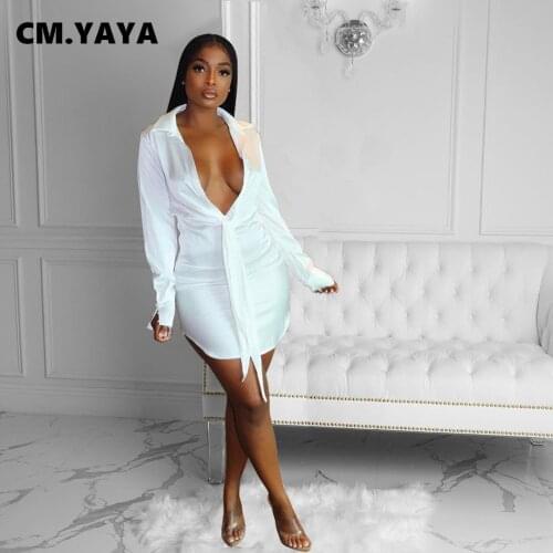 CM.YAYA Women Mini Dress Solid Full Flare Sleeve Turn-down Collar V-neck Bandage A-line Dresses Sexy Fashion Vestidos Summer