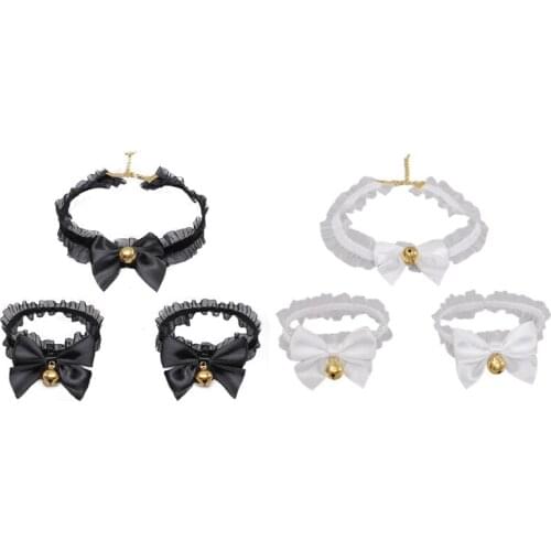 Japanese Lolita Lace Choker Necklace with Bracelet Wristband Set Ruffled Lace Bow Bell Collar Gothic Cosplay Jewelry