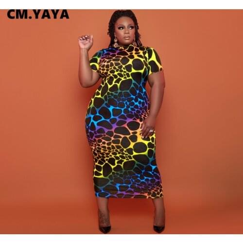 CM.YAYA Women Plus Size Dress Print Short Sleeve Strechy Bodycon Midi Maxi Dresses Fashion High Streetwear Summer Outfits 2021