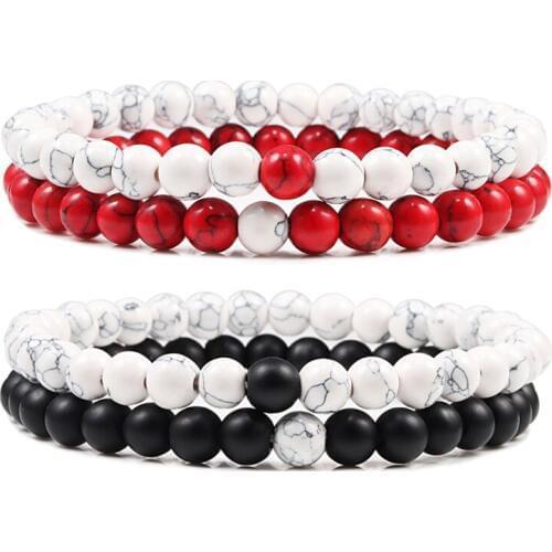 2PCS/Set New Couple Bracelet 6MM Natural Stone Beaded Elastic Distance Bracelets Bangles for Men Women Best Friend Jewelry Gifts