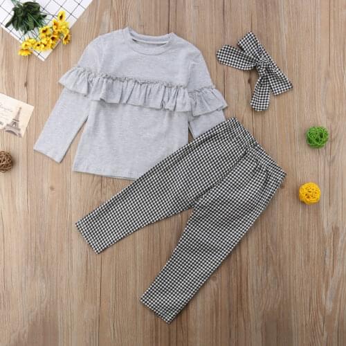 2018 New Autumn Baby Girls Clothes Set Toddler Kids Ruffle Plaid Tops+Pants Leggings+headbands 3Pcs Princess Children Outfits