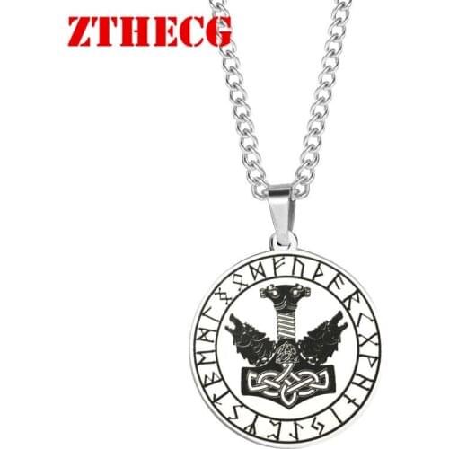 2021 New Trendy Mens Necklace Viking Double Wolf Head Hammer Pendant Vintage Stainless Steel Religion Chain Necklace Men Gifts
