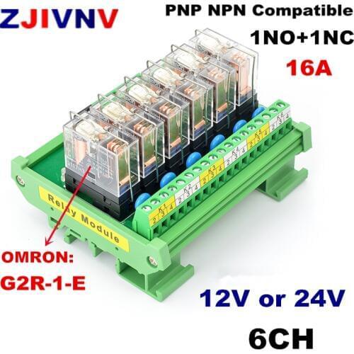 6 Channels Interface Relay Module 1NO+ 1NC DIN Rail Mount OMRON G2R-1-E 16A INPUT DC 12V 24V PNP NPN compatible