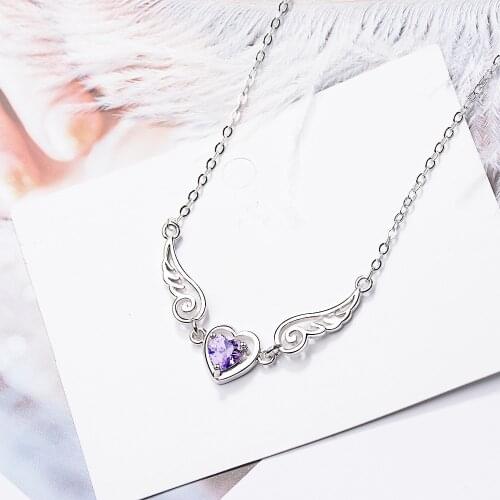 925 Sterling Silver Crystal Heart Angel Wings Charm Necklace For Women choker collares Wedding Party Jewelry dz274