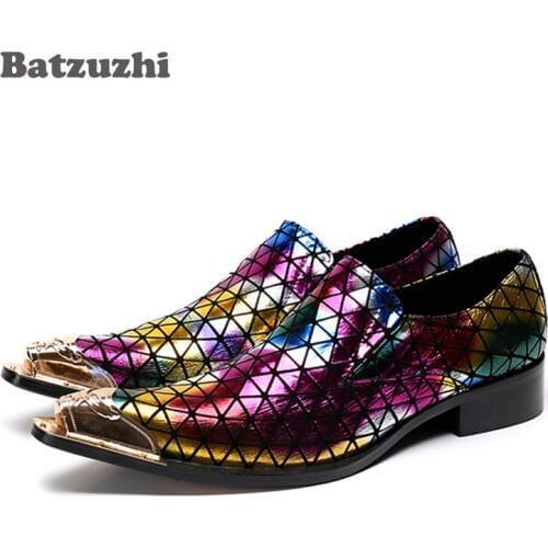 Batzuzhi New Fashion Men Dress Shoes Italian Pointed Gold Metal Tip Colorful Party Wedding Shoes for Men, Plus size US12 SZ46