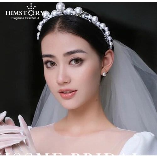 Himstory Crystal Pearl Headpiece Headband Silver Color Tiara Crown Women Girl Headdress Wedding Hair Jewelry Bridal Accessories