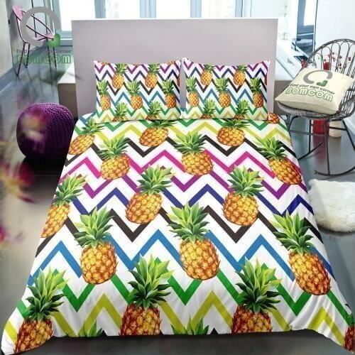 BOMCOM 3D Digital Printing Colorful seamless Tropical pattern wave line pineapples white Duvet Cover Sets 100% Microfiber Clear