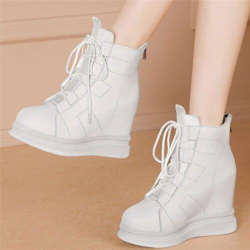 2021 Fashion Sneakers Women Lace Up Genuine Leather Wedges High Heel Ankle Boots Female Round Toe Platform Oxfords Casual Shoes